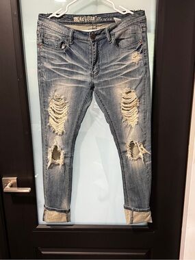 Machine Distressed Skinny Jeans - Light Blue